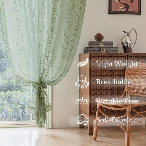 Sage Green Lace Curtains 84 Inches Long Victorian Floral Semi Sheer Curtains for Living Room Bedroom Decor Drapes Rod Pocket Light Filtering Vintage Window Curtains 2 Panels Set for Dining Room, 55x84 in Saudi Arabia