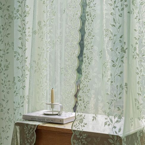 Sage Green Lace Curtains 84 Inches Long Victorian Floral Semi Sheer Curtains for Living Room Bedroom Decor Drapes Rod Pocket Light Filtering Vintage Window Curtains 2 Panels Set for Dining Room, 55x84 in Saudi Arabia