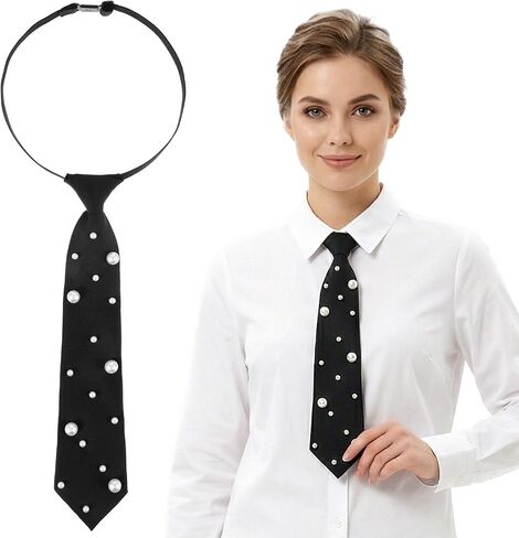 Black Tie for Women 13" Pre-Tied Pearl Ties for Women Black Neck Tie Adjustable Necktie for School Business Wedding Cosplay in Kuwait