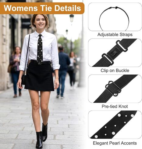 Black Tie for Women 13" Pre-Tied Pearl Ties for Women Black Neck Tie Adjustable Necktie for School Business Wedding Cosplay in Kuwait