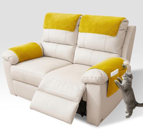 Universal Sherpa Recliner & Armchair Covers with Pockets, Soft Sofa Armrest Backrest Protectors, Pet Friendly Washable Arms Caddy Slipcovers for 2-Cushion Couch, Yellow in Saudi Arabia