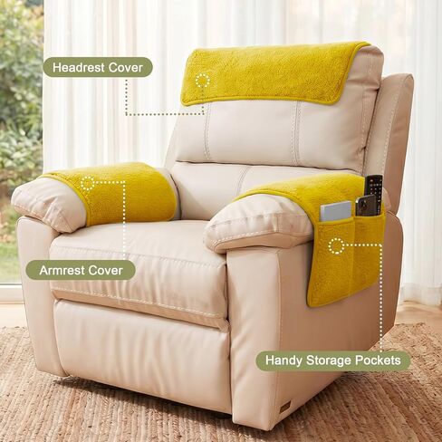 Universal Sherpa Recliner & Armchair Covers with Pockets, Soft Sofa Armrest Backrest Protectors, Pet Friendly Washable Arms Caddy Slipcovers for 2-Cushion Couch, Yellow in Saudi Arabia