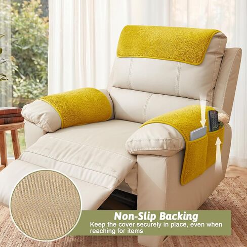 Universal Sherpa Recliner & Armchair Covers with Pockets, Soft Sofa Armrest Backrest Protectors, Pet Friendly Washable Arms Caddy Slipcovers for 2-Cushion Couch, Yellow in Saudi Arabia