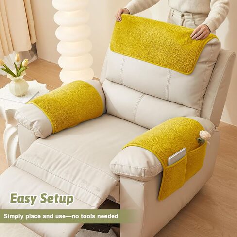 Universal Sherpa Recliner & Armchair Covers with Pockets, Soft Sofa Armrest Backrest Protectors, Pet Friendly Washable Arms Caddy Slipcovers for 2-Cushion Couch, Yellow in Saudi Arabia