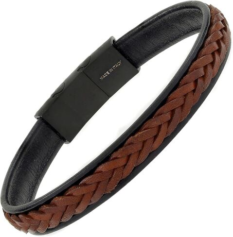 10:10 Men’s Leather Bracelet – Braided Genuine Leather with Stainless Steel PVD Black Clasp, Adjustable – Made in Italy in Saudi Arabia