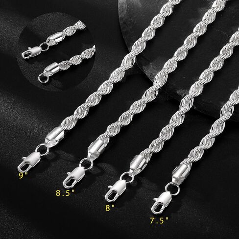 S925 Sterling Silver Bracelet for Men - 7MM S925 Sterling Silver Over Rope Chain Bracelet Diamond Cut Silver Bracelets Gifts for Men 7.5/8/8.5/9Inch in Saudi Arabia