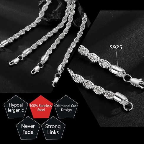 S925 Sterling Silver Bracelet for Men - 7MM S925 Sterling Silver Over Rope Chain Bracelet Diamond Cut Silver Bracelets Gifts for Men 7.5/8/8.5/9Inch in Saudi Arabia