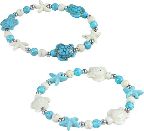 2Pcs Natural Shell Starfish Turtle Handmade Adjustable Bracelet Bohemia Colorful Beaded Bracelet Summer Hawaii Beach Ocean Holiday Friendship Couple Jewelry for Women in Saudi Arabia