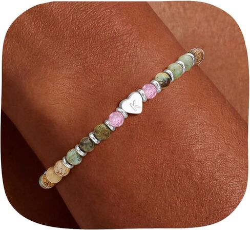 14K Gold Plated Heart Initial Bracelet - Dainty Gold Heart Charm Bracelets for Women, Natural Stone Beaded Bracelets, Easter Birthday Gifts for Women Teen Friend Sister personalized gifts in Saudi Arabia
