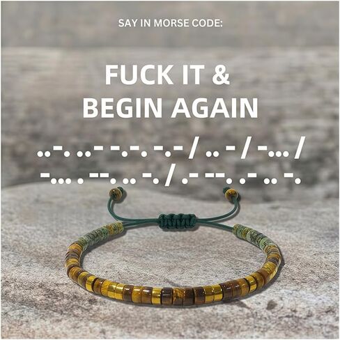 Fck It and Begin Again Morse Code سوار، شجاعة قابلة للتعديل، رسالة مخفية قوية، عين النمر الطبيعي، أساور مطرزة بالفيروز الأفريقي، مجوهرات in Kuwait