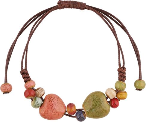 MINACHI Bohemian Multicolor Ceramic Heart Shape Bead Bracelet for Women, Adjustable Faux Leather Cord, Boho Hippie Summer Jewelry Gift in Kuwait