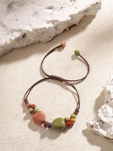MINACHI Bohemian Multicolor Ceramic Heart Shape Bead Bracelet for Women, Adjustable Faux Leather Cord, Boho Hippie Summer Jewelry Gift in Kuwait