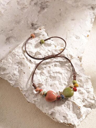 MINACHI Bohemian Multicolor Ceramic Heart Shape Bead Bracelet for Women, Adjustable Faux Leather Cord, Boho Hippie Summer Jewelry Gift in Kuwait
