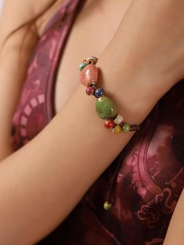 MINACHI Bohemian Multicolor Ceramic Heart Shape Bead Bracelet for Women, Adjustable Faux Leather Cord, Boho Hippie Summer Jewelry Gift in Kuwait