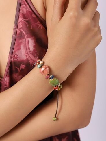 MINACHI Bohemian Multicolor Ceramic Heart Shape Bead Bracelet for Women, Adjustable Faux Leather Cord, Boho Hippie Summer Jewelry Gift in Kuwait