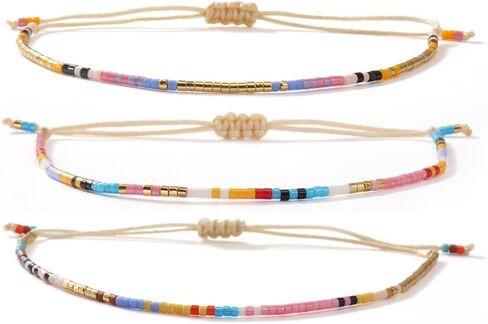 Colorful Boho Rice Seed Beaded Rope Adjustable Bracelets Set for Women, 3Pcs Stack Romantic Handmade Thin Gold Plated String Jewelry, Daily Vacation Party Holiday Friendship Gift in Saudi Arabia
