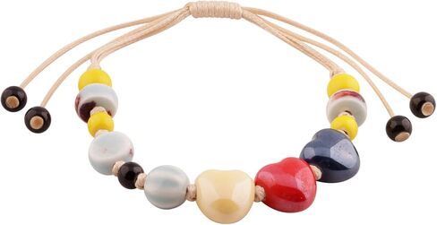 MINACHI Bohemian Multicolor Ceramic Heart Shape Bead Bracelet for Women, Adjustable Faux Leather Cord, Boho Hippie Summer Jewelry Gift in Kuwait