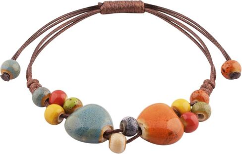 MINACHI Bohemian Multicolor Ceramic Heart Shape Bead Bracelet for Women, Adjustable Faux Leather Cord, Boho Hippie Summer Jewelry Gift in Kuwait