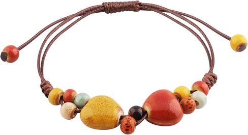 MINACHI Bohemian Multicolor Ceramic Heart Shape Bead Bracelet for Women, Adjustable Faux Leather Cord, Boho Hippie Summer Jewelry Gift in Kuwait