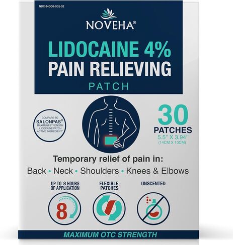 NOVEHA 30 PCs Relief Pain Patches Maximum Strength lidocaine 4%, Numbing Gel Patches for Back, Neck, Shoulder, Knee, Elbow & Joint Pain | Topical Analgesic, Non-Irritating, Unscented. in Saudi Arabia