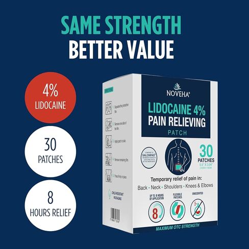 NOVEHA 30 PCs Relief Pain Patches Maximum Strength lidocaine 4%, Numbing Gel Patches for Back, Neck, Shoulder, Knee, Elbow & Joint Pain | Topical Analgesic, Non-Irritating, Unscented. in Saudi Arabia