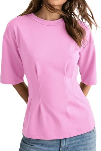 Cinched Waist Tops for Women Crew Neck Half Sleeve Pleated Shirts Slim Basic Tee Dressy Cotton Blouse Casual in Saudi Arabia