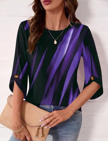 Blingfit Women Crew Neck 3/4 Sleeve Tops Casual Daily Basic Pullover Blouse | Soft Stretch Lightweight Fabric Classic Crew Neck Three Quarter Sleeves daily Office Wear Multiple Styles for Choice in Saudi Arabia