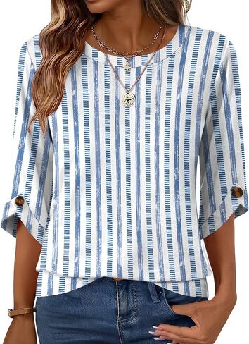 Blingfit Women Crew Neck 3/4 Sleeve Tops Casual Daily Basic Pullover Blouse | Soft Stretch Lightweight Fabric Classic Crew Neck Three Quarter Sleeves daily Office Wear Multiple Styles for Choice in Saudi Arabia