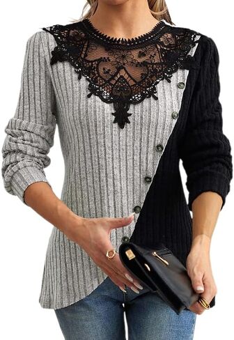 Elegant Lace Trim Knit Tunic Tops - Summer/Fall Blouse for Women, Stretchy Casual Shirt with Crew Neck & Short/Long Sleeve in Kuwait