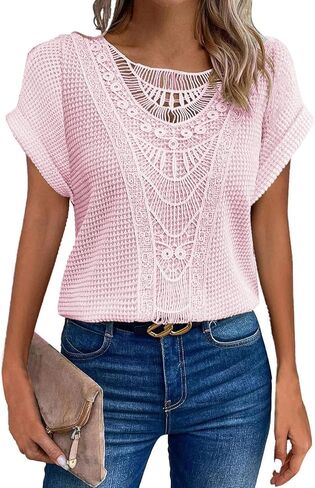 Elegant Lace Trim Knit Tunic Tops - Summer/Fall Blouse for Women, Stretchy Casual Shirt with Crew Neck & Short/Long Sleeve in Kuwait