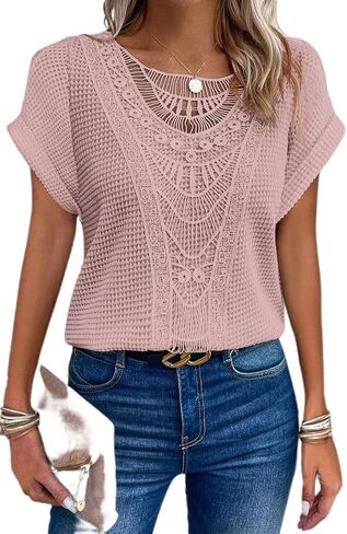 Elegant Lace Trim Knit Tunic Tops - Summer/Fall Blouse for Women, Stretchy Casual Shirt with Crew Neck & Short/Long Sleeve in Kuwait