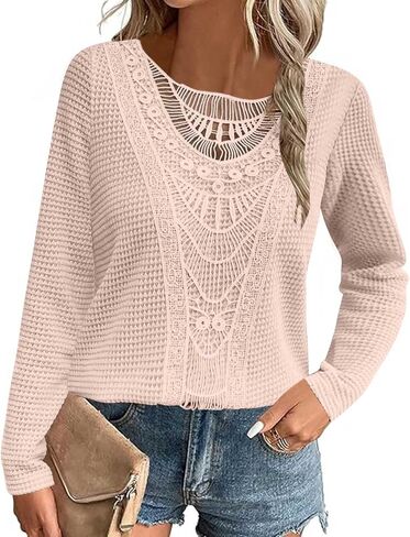 Elegant Lace Trim Knit Tunic Tops - Summer/Fall Blouse for Women, Stretchy Casual Shirt with Crew Neck & Short/Long Sleeve in Kuwait