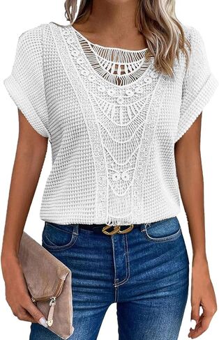 Elegant Lace Trim Knit Tunic Tops - Summer/Fall Blouse for Women, Stretchy Casual Shirt with Crew Neck & Short/Long Sleeve in Kuwait