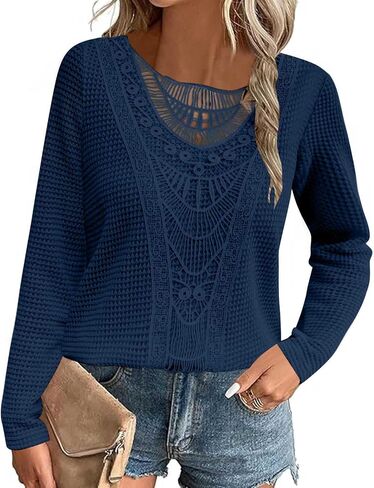Elegant Lace Trim Knit Tunic Tops - Summer/Fall Blouse for Women, Stretchy Casual Shirt with Crew Neck & Short/Long Sleeve in Kuwait