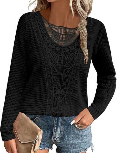 Elegant Lace Trim Knit Tunic Tops - Summer/Fall Blouse for Women, Stretchy Casual Shirt with Crew Neck & Short/Long Sleeve in Kuwait