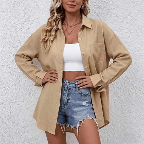 Women's Button Down Shirt Cotton Oversized Collared Long Sleeve Blouse Relaxed Fit Tunic Top for Business Casual in Kuwait