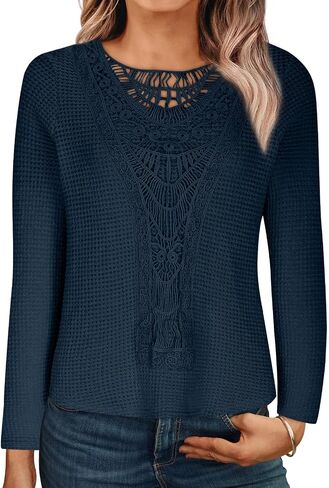 Elegant Lace Trim Knit Tunic Tops - Summer/Fall Blouse for Women, Stretchy Casual Shirt with Crew Neck & Short/Long Sleeve in Kuwait