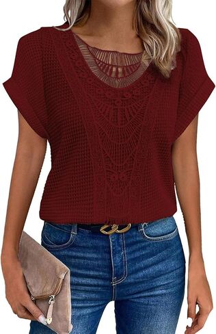 Elegant Lace Trim Knit Tunic Tops - Summer/Fall Blouse for Women, Stretchy Casual Shirt with Crew Neck & Short/Long Sleeve in Kuwait