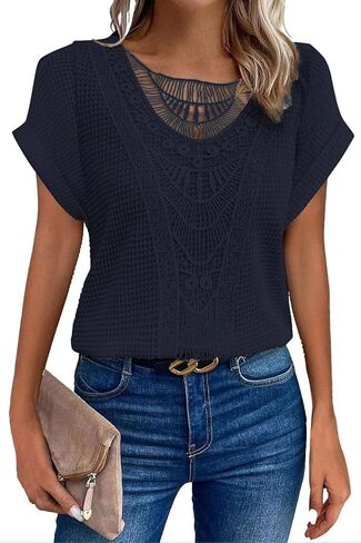 Elegant Lace Trim Knit Tunic Tops - Summer/Fall Blouse for Women, Stretchy Casual Shirt with Crew Neck & Short/Long Sleeve in Kuwait