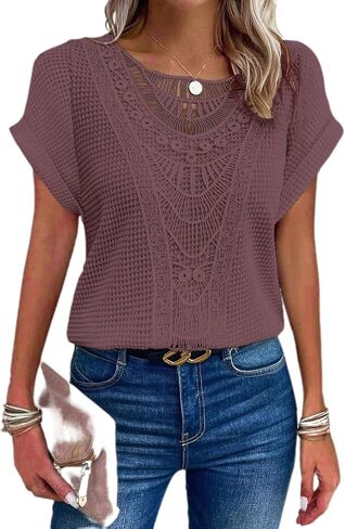 Elegant Lace Trim Knit Tunic Tops - Summer/Fall Blouse for Women, Stretchy Casual Shirt with Crew Neck & Short/Long Sleeve in Kuwait