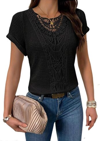 Elegant Lace Trim Knit Tunic Tops - Summer/Fall Blouse for Women, Stretchy Casual Shirt with Crew Neck & Short/Long Sleeve in Kuwait