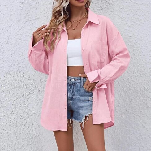 Women's Button Down Cotton Shirt Oversized Collared Blouse Long Sleeve Loose Fit Work Top Roll Sleeve Tunic Casual in Kuwait