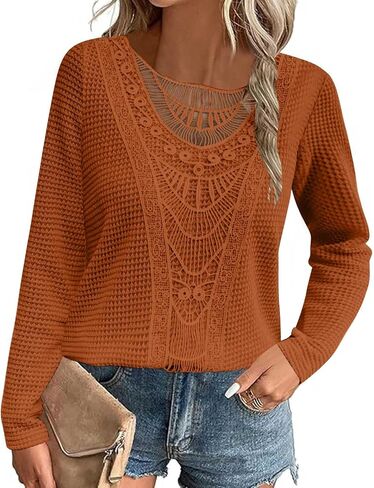 Elegant Lace Trim Knit Tunic Tops - Summer/Fall Blouse for Women, Stretchy Casual Shirt with Crew Neck & Short/Long Sleeve in Kuwait