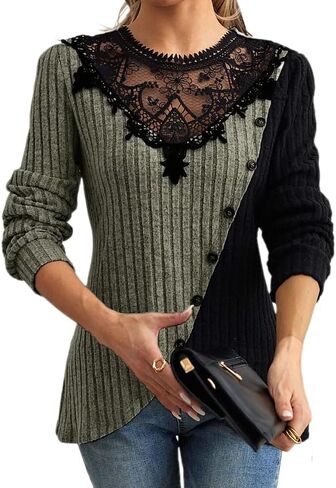 Elegant Lace Trim Knit Tunic Tops - Summer/Fall Blouse for Women, Stretchy Casual Shirt with Crew Neck & Short/Long Sleeve in Kuwait