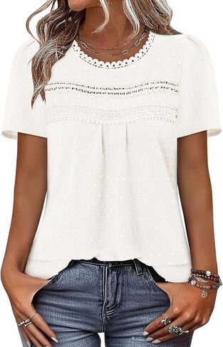 BETTE BOUTIK Summer Womens Short Sleeve Boho Tops Fashion Casual Crew Neck Shirts Swiss Dots Blouses in Saudi Arabia