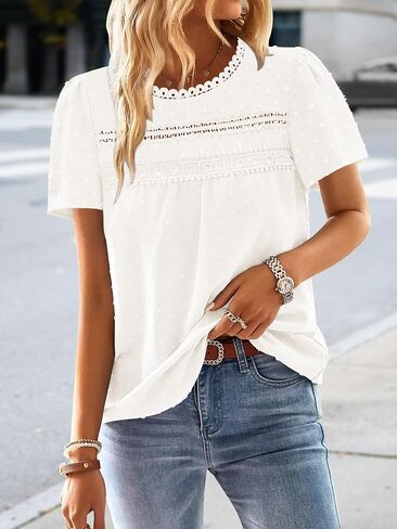 BETTE BOUTIK Summer Womens Short Sleeve Boho Tops Fashion Casual Crew Neck Shirts Swiss Dots Blouses in Saudi Arabia