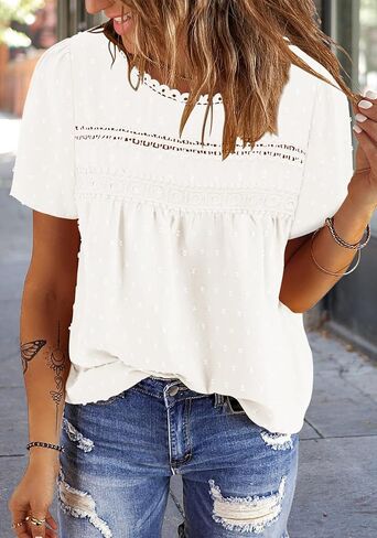 BETTE BOUTIK Summer Womens Short Sleeve Boho Tops Fashion Casual Crew Neck Shirts Swiss Dots Blouses in Saudi Arabia