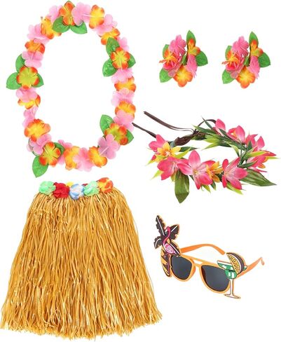 Hawaiian Outfits for Women, Hawaii Orchid Flower Crown Set with Leis, Grass Hula Skirt, Sunglasses, Bracelet in Kuwait