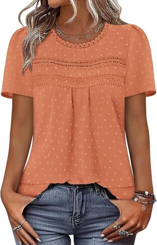 BETTE BOUTIK Summer Womens Short Sleeve Boho Tops Fashion Casual Crew Neck Shirts Swiss Dots Blouses in Saudi Arabia