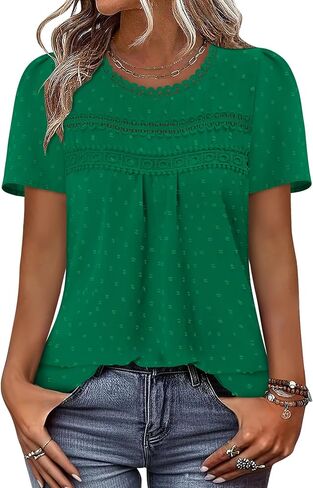 BETTE BOUTIK Summer Womens Short Sleeve Boho Tops Fashion Casual Crew Neck Shirts Swiss Dots Blouses in Saudi Arabia